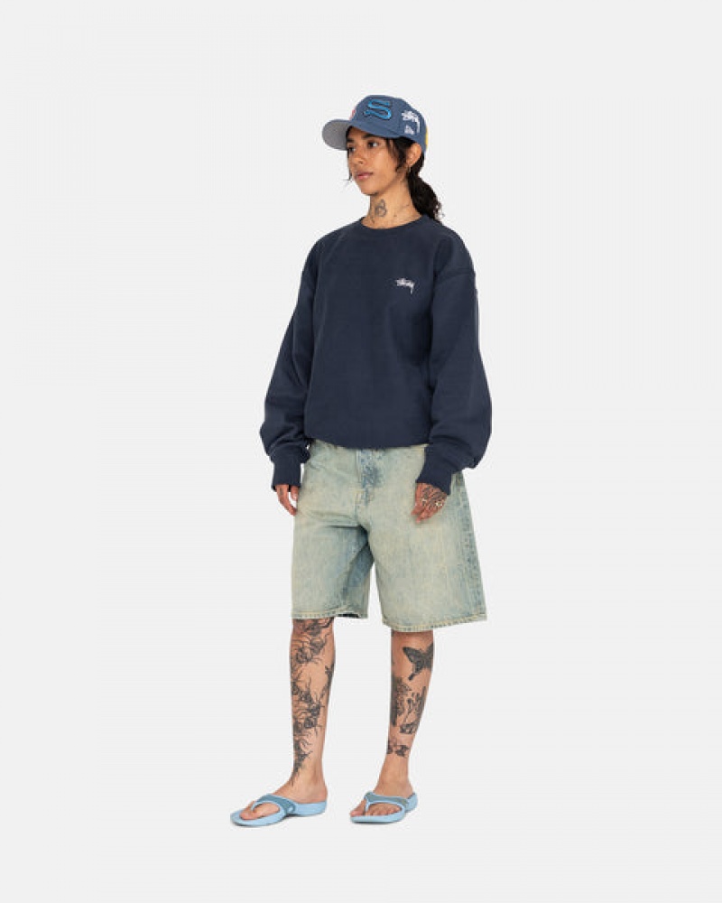 Navy Women's Stussy Overdyed Stock Logo Crew Sweatshirts | MQX-0218