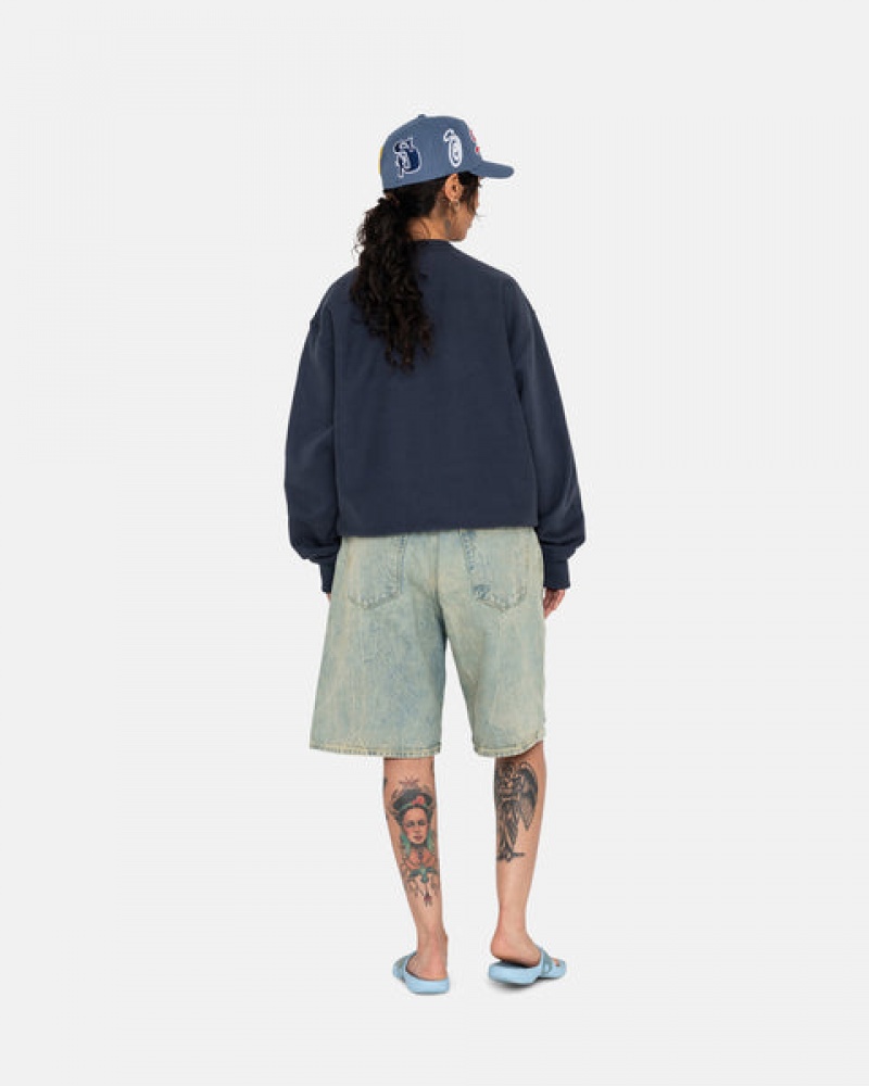 Navy Women's Stussy Overdyed Stock Logo Crew Sweatshirts | MQX-0218