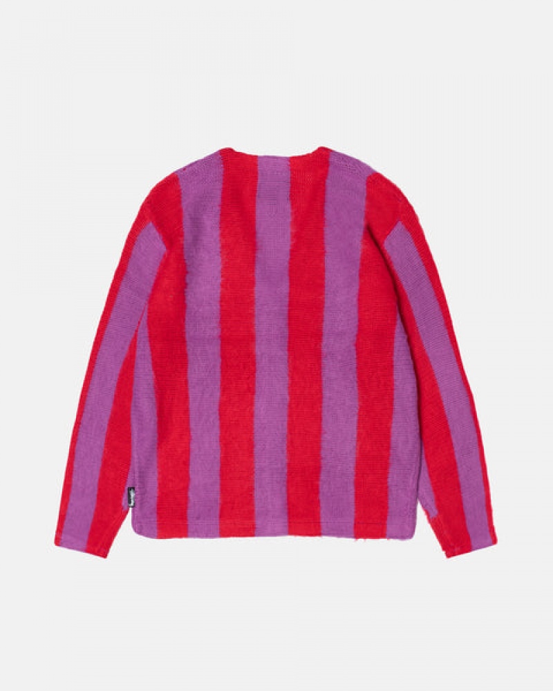 Purple Women's Stussy Stripe Brushed Cardigan Sweaters | BQU-7507