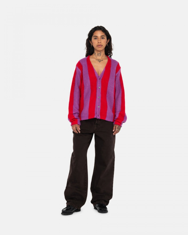 Purple Women's Stussy Stripe Brushed Cardigan Sweaters | BQU-7507