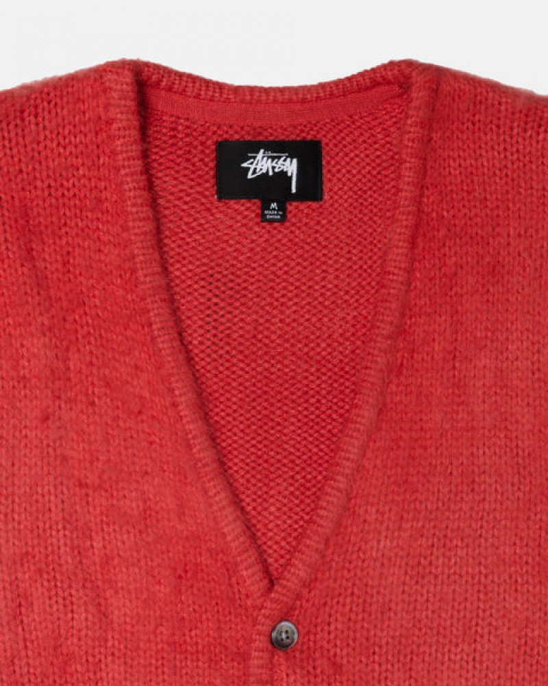 Red Men's Stussy Brushed Cardigan Sweaters | OZY-1399