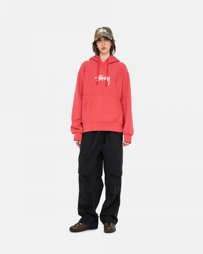 Red Men's Stussy Stock Logo Applique Hood Sweatshirts | DEI-5961