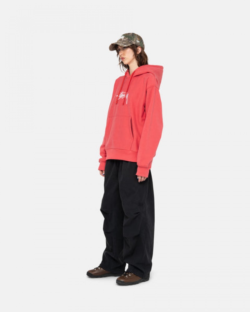 Red Men's Stussy Stock Logo Applique Hood Sweatshirts | DEI-5961