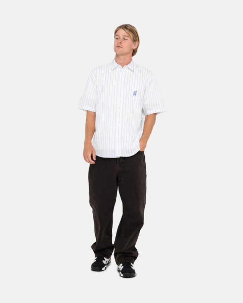 White Men's Stussy Boxy Striped Shirts | HOB-2324