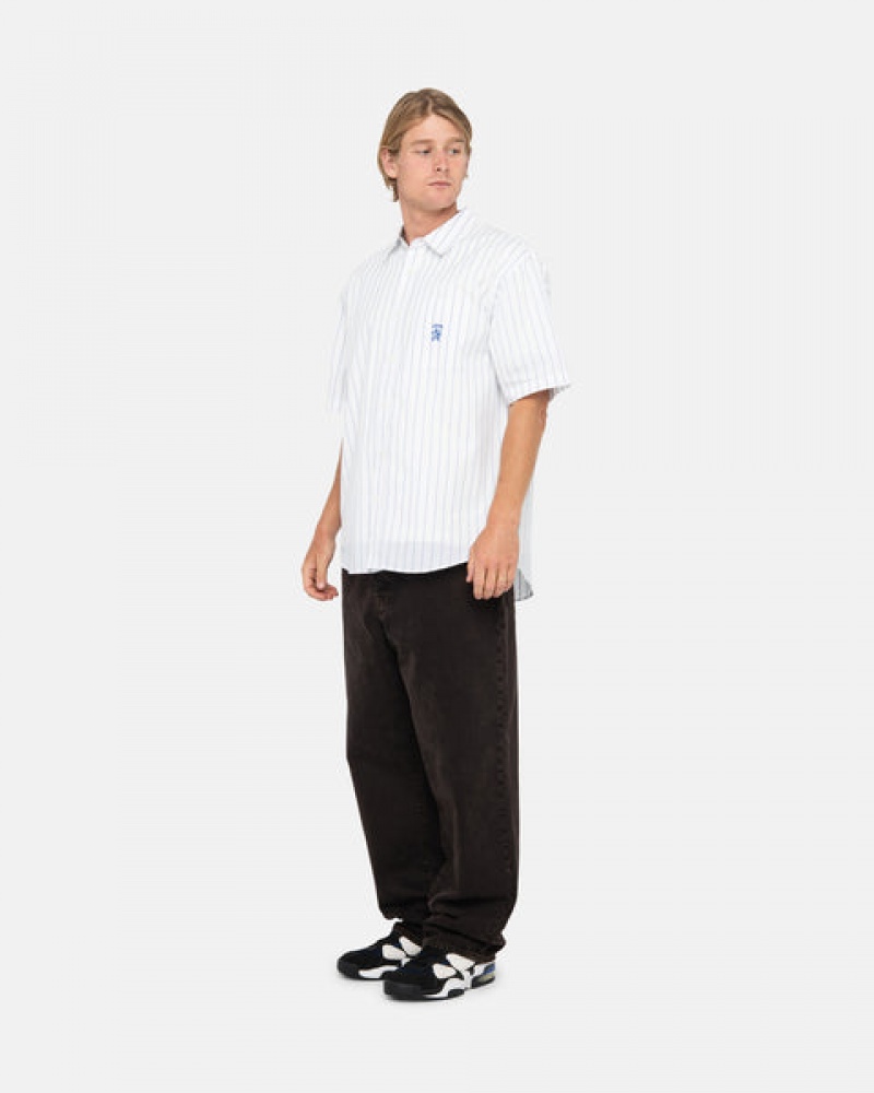 White Men's Stussy Boxy Striped Shirts | HOB-2324