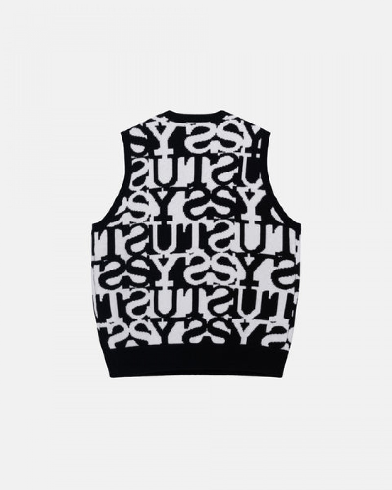 White / Black Men's Stussy Stacked Sweater Vest Sweaters | QUX-1902