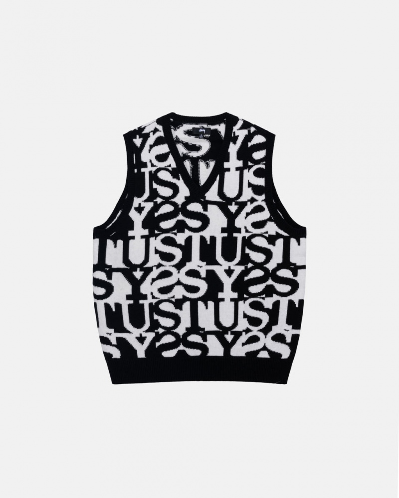 White / Black Men\'s Stussy Stacked Sweater Vest Sweaters | QUX-1902